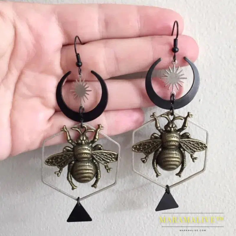 Moon Queen Bee Statement Earrings Creativity Handmade Jewelry Wicca Big Weird Darkness Witch Women Gift Goth Statement Grunge