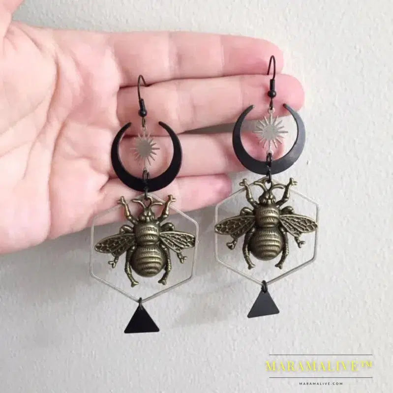 Moon Queen Bee Statement Earrings Creativity Handmade Jewelry Wicca Big Weird Darkness Witch Women Gift Goth Statement Grunge