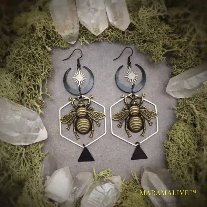 Moon Queen Bee Statement Earrings Creativity Handmade Jewelry Wicca Big Weird Darkness Witch Women Gift Goth Statement Grunge