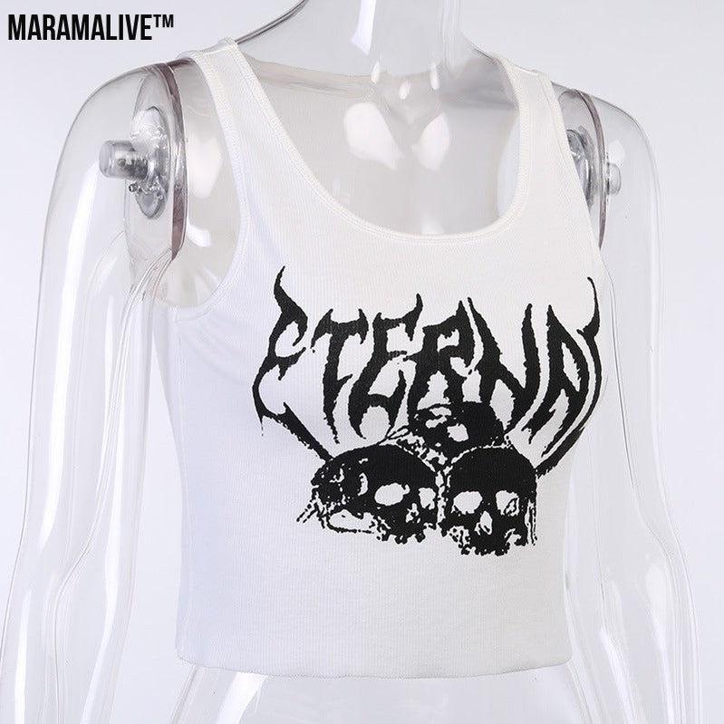 Mortal Mesh: Navel Cropped Short Vest Female Gothic Style Vest Skull Print Top