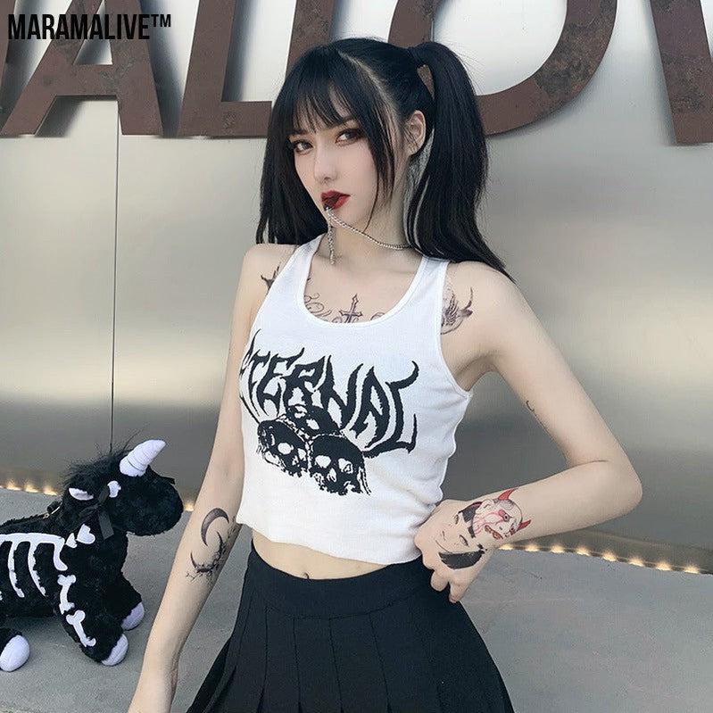 Mortal Mesh: Navel Cropped Short Vest Female Gothic Style Vest Skull Print Top