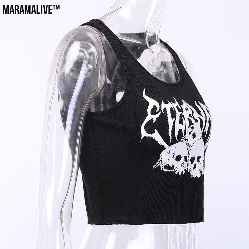 Mortal Mesh: Navel Cropped Short Vest Female Gothic Style Vest Skull Print Top