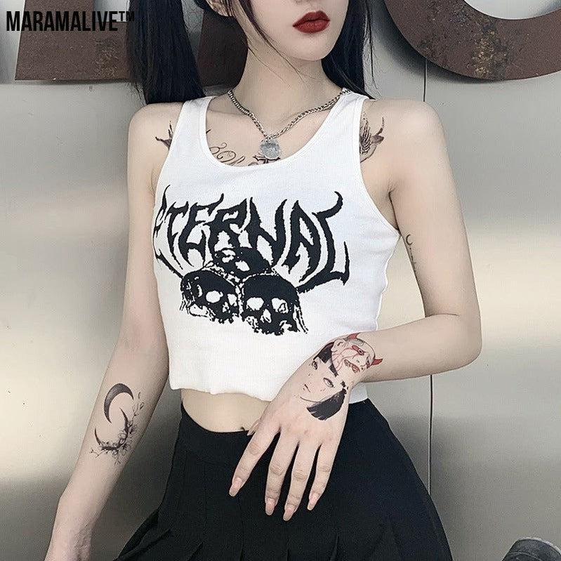 Mortal Mesh: Navel Cropped Short Vest Female Gothic Style Vest Skull Print Top