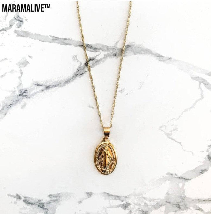 Mother Mary Catholic Medallion Pendant Necklace