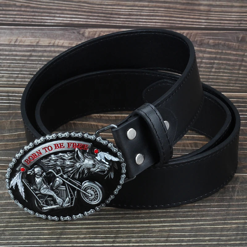 Motorcycle and Wolf Buckle Fashion Decorative Belt for Man Western Style