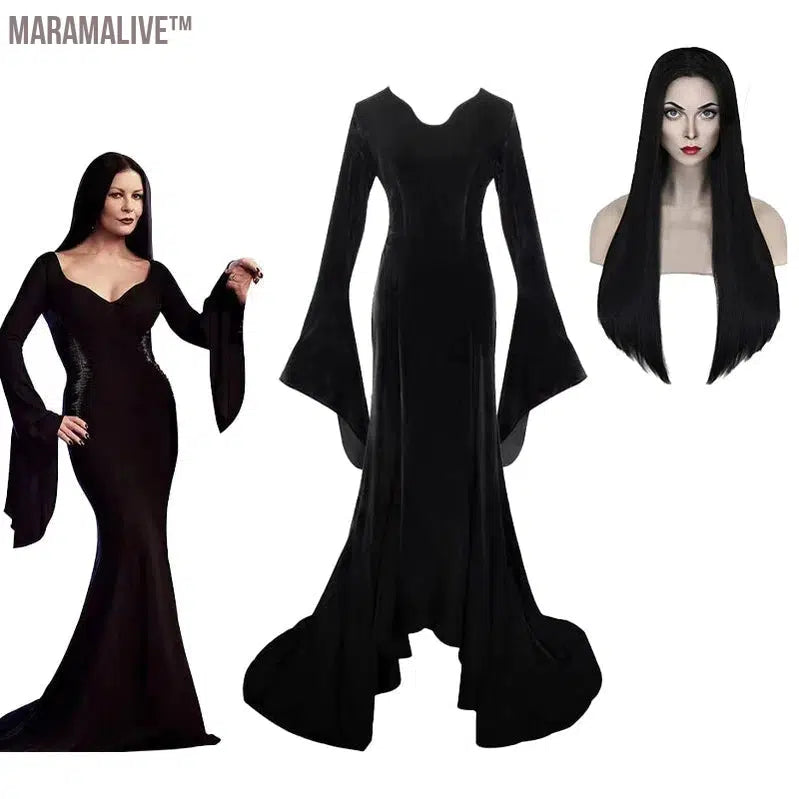 Movie Wednesday Family Proms Cospaly Morticia Costume Black Punk Gothic Dress Gomez Uniform Party Carnival Wig Adult Outfit