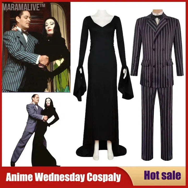 Movie Wednesday Family Proms Cospaly Morticia Costume Black Punk Gothic Dress Gomez Uniform Party Carnival Wig Adult Outfit