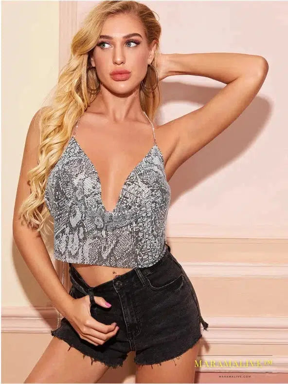 NEW Beach Tank Metal Leopard print Chain Tops Summer Glitter Backless Tank Top Women Sexy Club Sequin Bar Party Wear Adjust