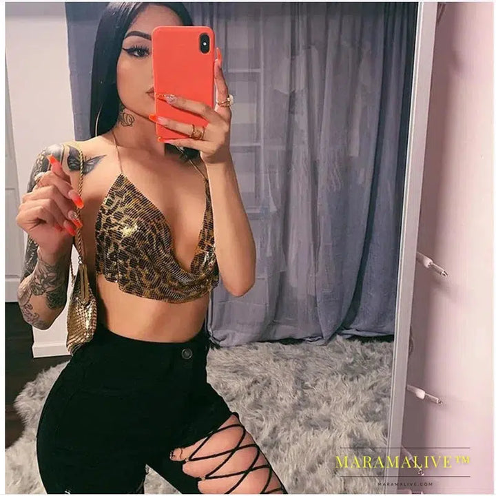 NEW Beach Tank Metal Leopard print Chain Tops Summer Glitter Backless Tank Top Women Sexy Club Sequin Bar Party Wear Adjust