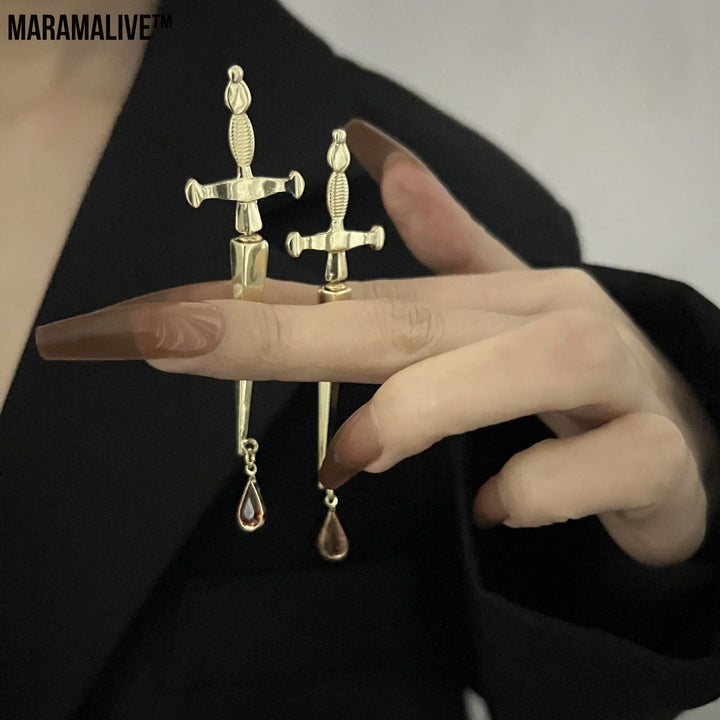 Nail Small Punk Personality Cross Ruby Personality Long Earrings