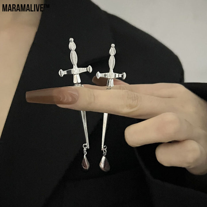 Nail Small Punk Personality Cross Ruby Personality Long Earrings