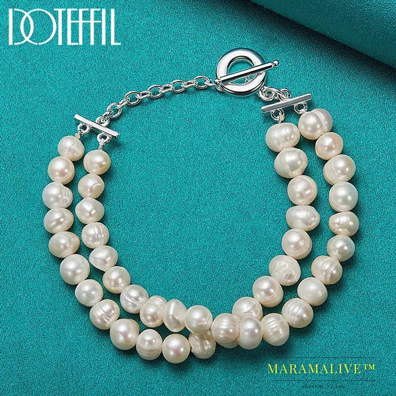 Natural Freshwater Pearl Double Chain 925 Sterling Silver Bracelet For Women Wedding Engagement Party Jewelry