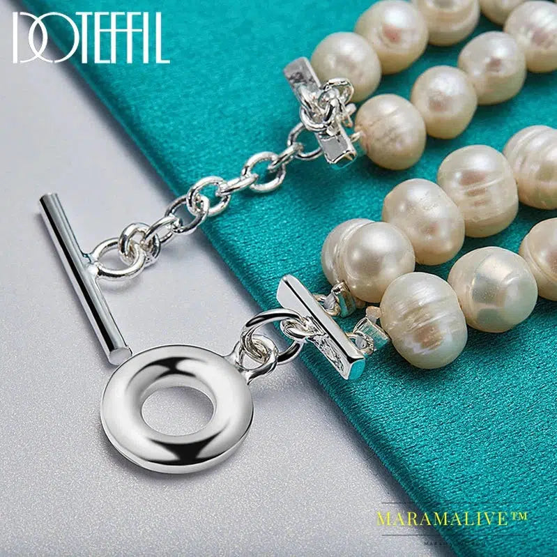 Natural Freshwater Pearl Double Chain 925 Sterling Silver Bracelet For Women Wedding Engagement Party Jewelry