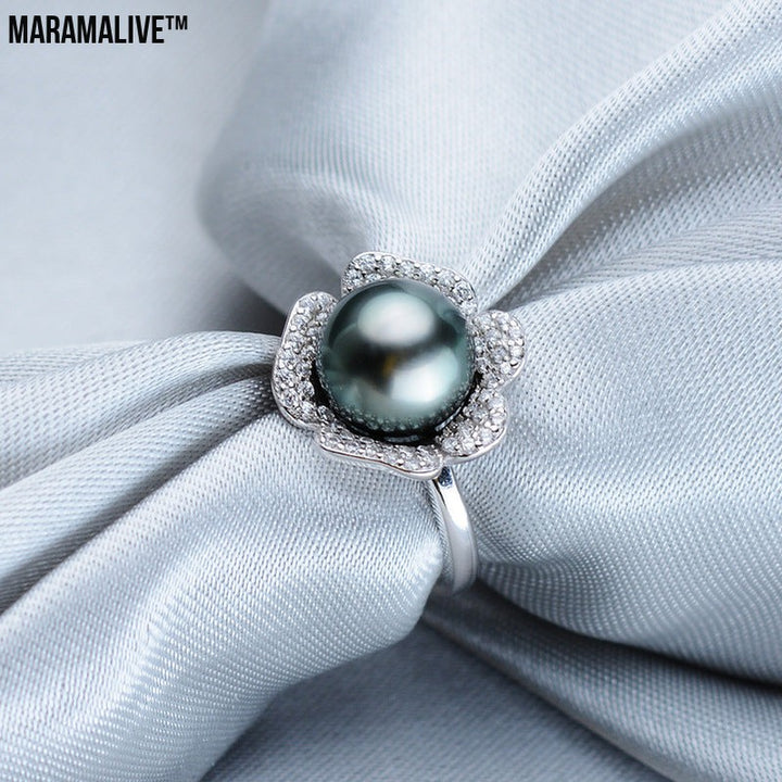 Near Round Tahiti Black Pearl Ring 9-10mm Ring 925 Silver Seawater Pearl Pearl Ring