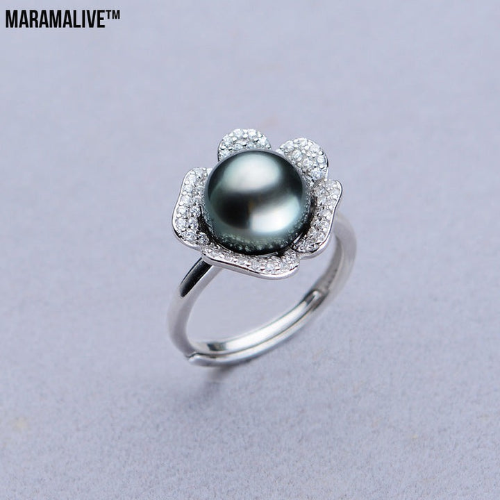 Near Round Tahiti Black Pearl Ring 9-10mm Ring 925 Silver Seawater Pearl Pearl Ring