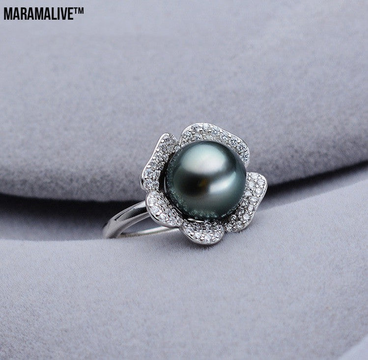 Near Round Tahiti Black Pearl Ring 9-10mm Ring 925 Silver Seawater Pearl Pearl Ring