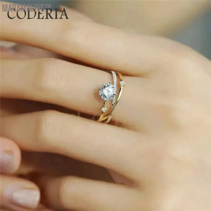 New 4 Claw Star Track Shape 925 Sterling Silver Yellow Gold Color Moissanite Women's Ring 1 Carat Luxury Diamond Jewelry