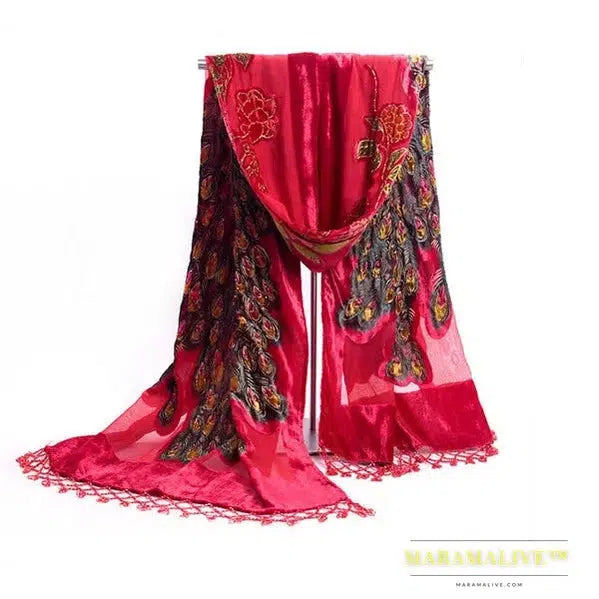 New Arrival Burgundy Chinese Ethnic Style Emboridery Shawl Velvet Handmade Beaded Pashmina Cape Peacock Scarf