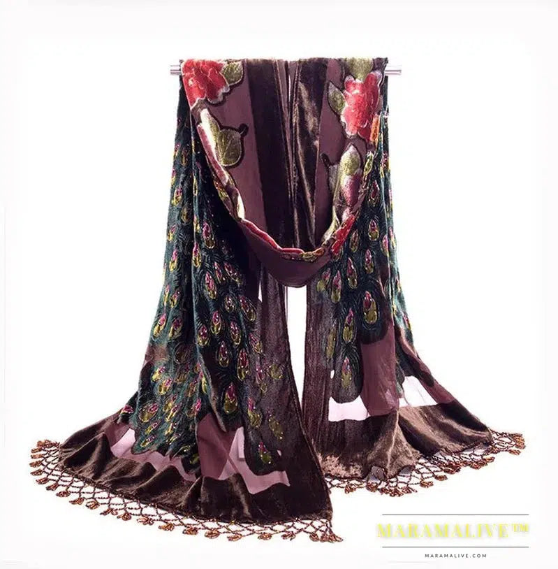 New Arrival Burgundy Chinese Ethnic Style Emboridery Shawl Velvet Handmade Beaded Pashmina Cape Peacock Scarf