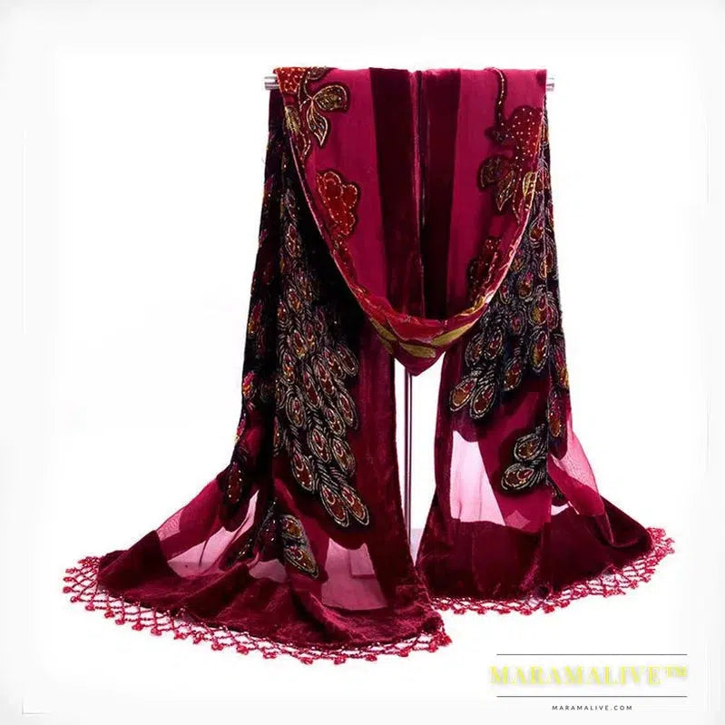 New Arrival Burgundy Chinese Ethnic Style Emboridery Shawl Velvet Handmade Beaded Pashmina Cape Peacock Scarf