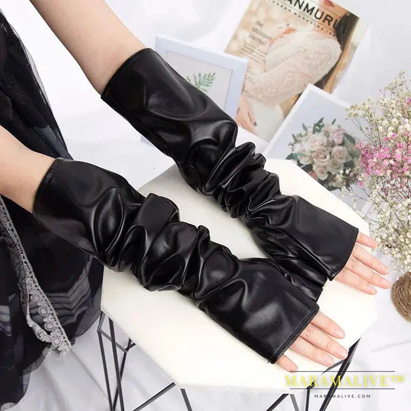 New Black Punk Gothic Sexy Long PU Leather Fingerless Gloves for Women Rock Gloves Hip Pop Mittens Clubwear Dance Cosplay