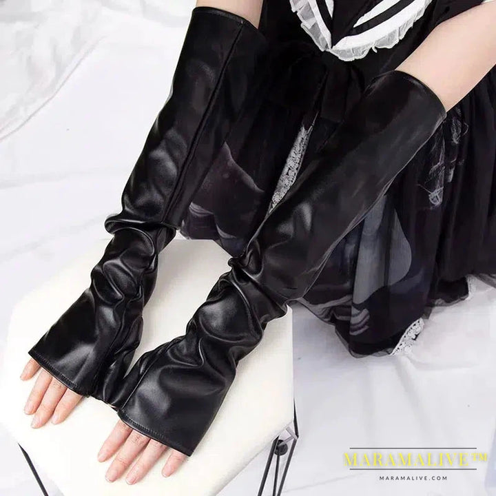 New Black Punk Gothic Sexy Long PU Leather Fingerless Gloves for Women Rock Gloves Hip Pop Mittens Clubwear Dance Cosplay