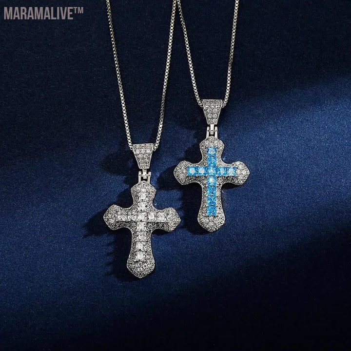 New Classic Shiny Cross Necklace Iced Baguette Blue Zirconia Pendant Fashion Female Religious Jesus Hip Hop Jewelry