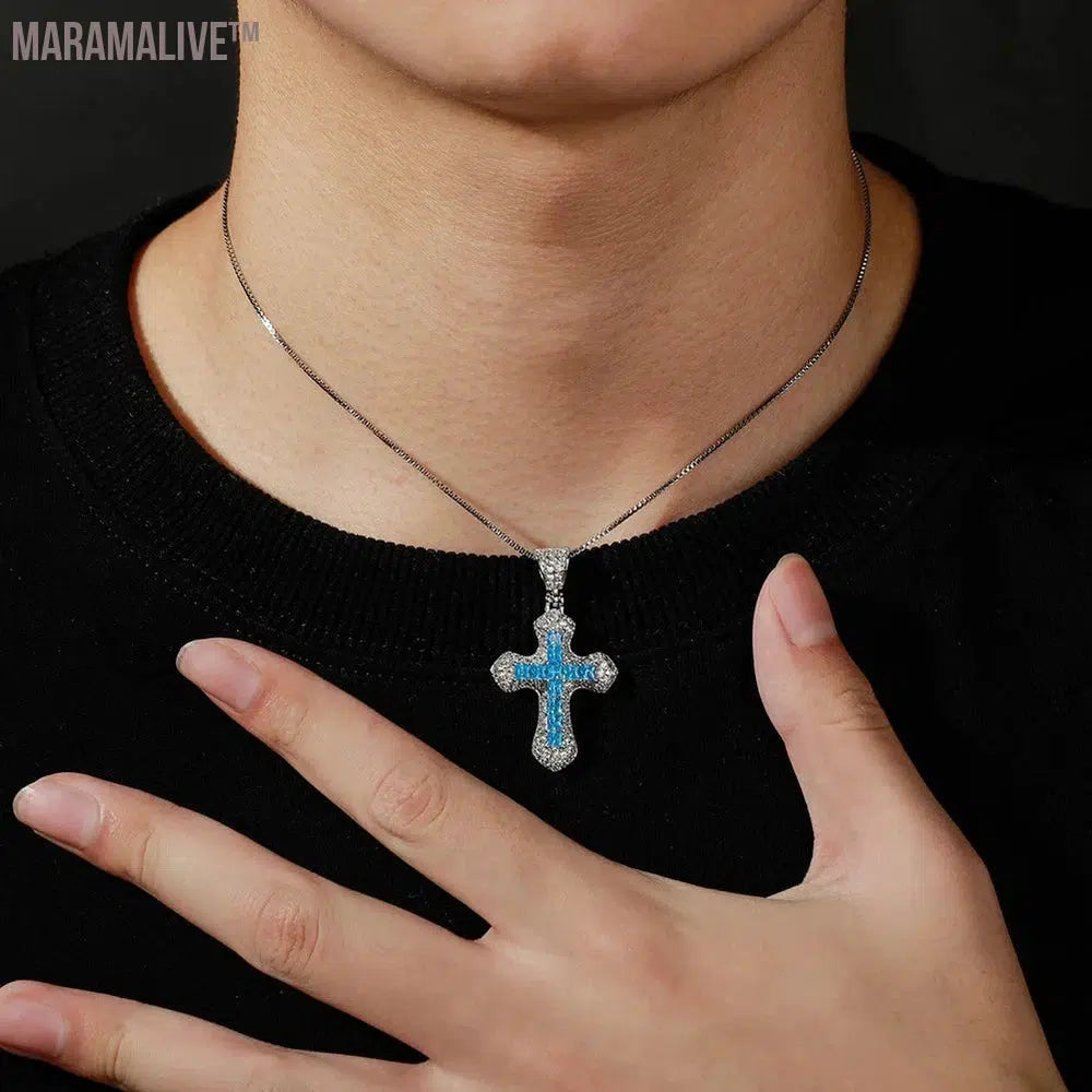 New Classic Shiny Cross Necklace Iced Baguette Blue Zirconia Pendant Fashion Female Religious Jesus Hip Hop Jewelry