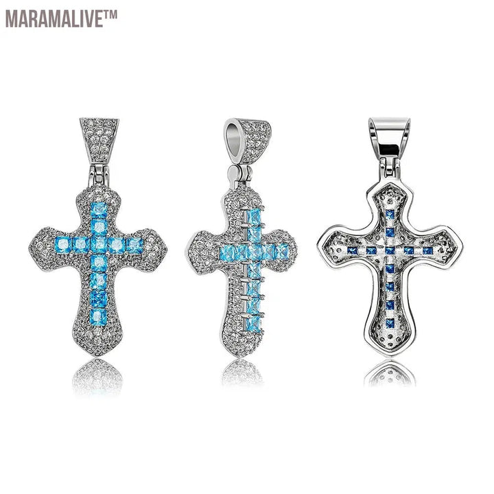 New Classic Shiny Cross Necklace Iced Baguette Blue Zirconia Pendant Fashion Female Religious Jesus Hip Hop Jewelry