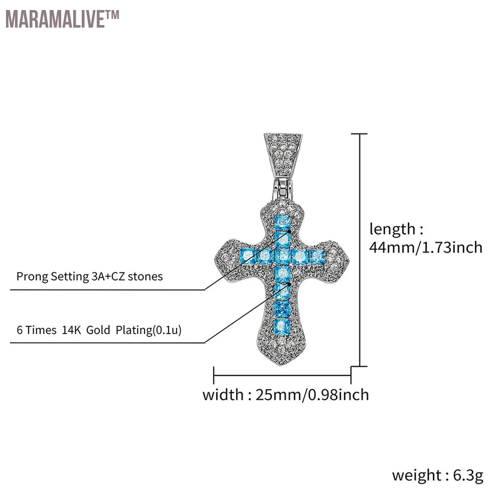 New Classic Shiny Cross Necklace Iced Baguette Blue Zirconia Pendant Fashion Female Religious Jesus Hip Hop Jewelry