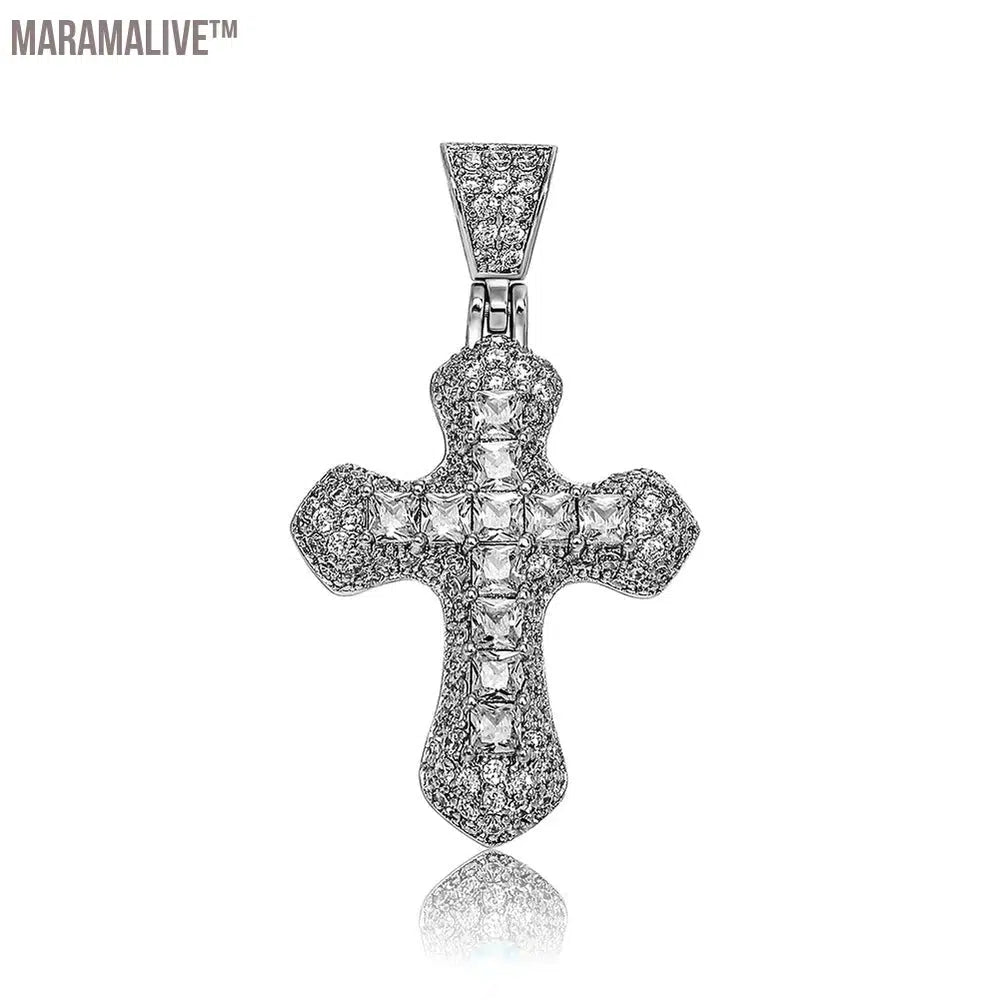 New Classic Shiny Cross Necklace Iced Baguette Blue Zirconia Pendant Fashion Female Religious Jesus Hip Hop Jewelry