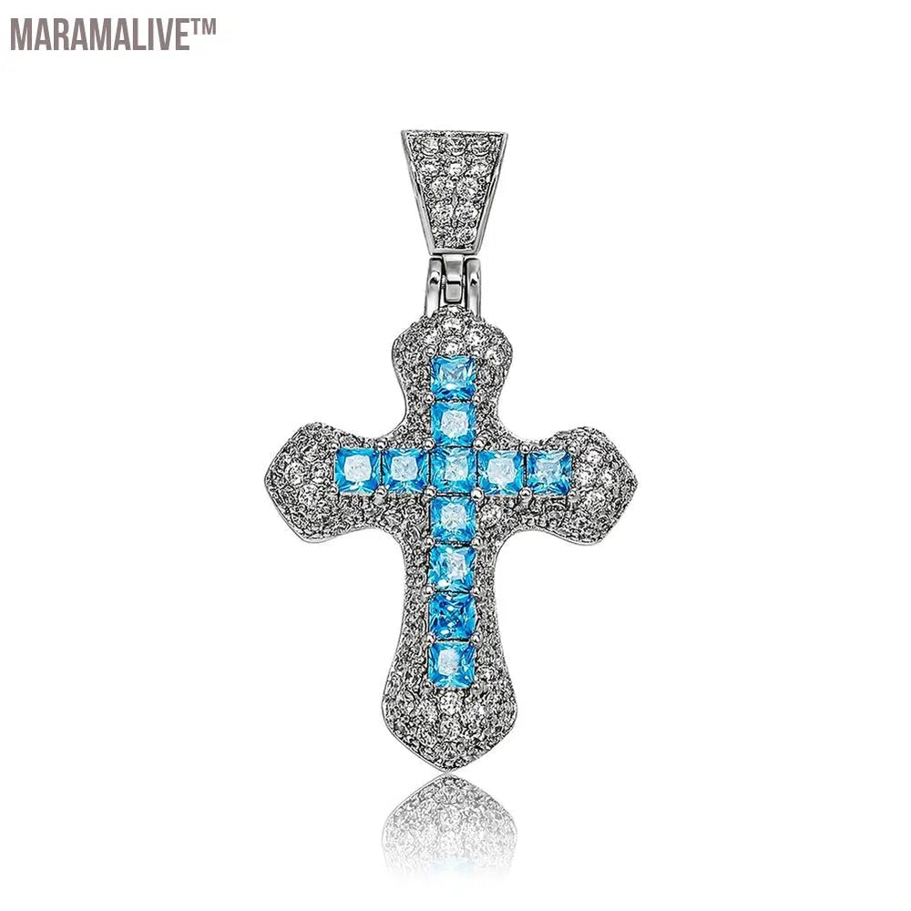 New Classic Shiny Cross Necklace Iced Baguette Blue Zirconia Pendant Fashion Female Religious Jesus Hip Hop Jewelry