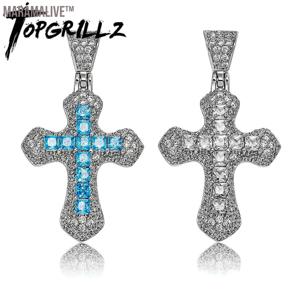 New Classic Shiny Cross Necklace Iced Baguette Blue Zirconia Pendant Fashion Female Religious Jesus Hip Hop Jewelry