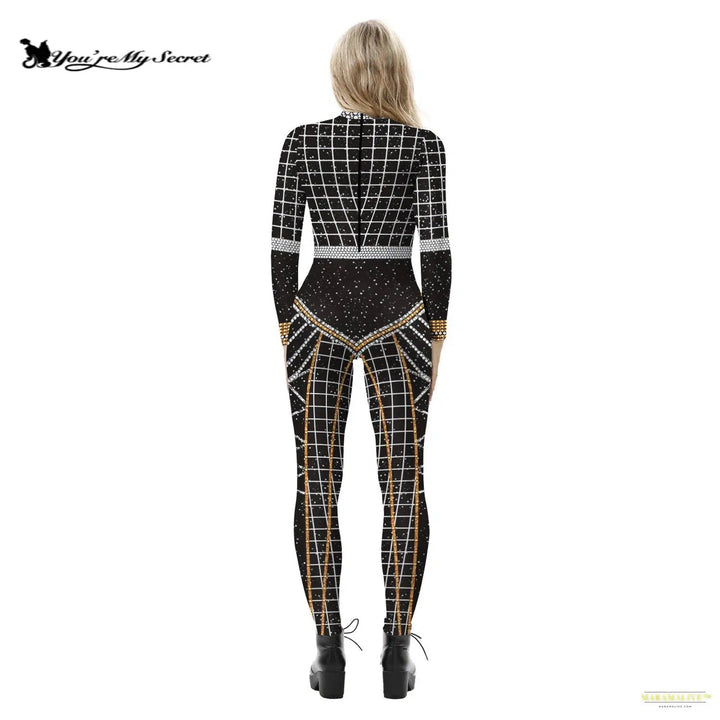 New Cosplay Costumes for Woman 3D Digital Printing Black Long Sleeves Jumpsuit Elastic Slim Bodysuit