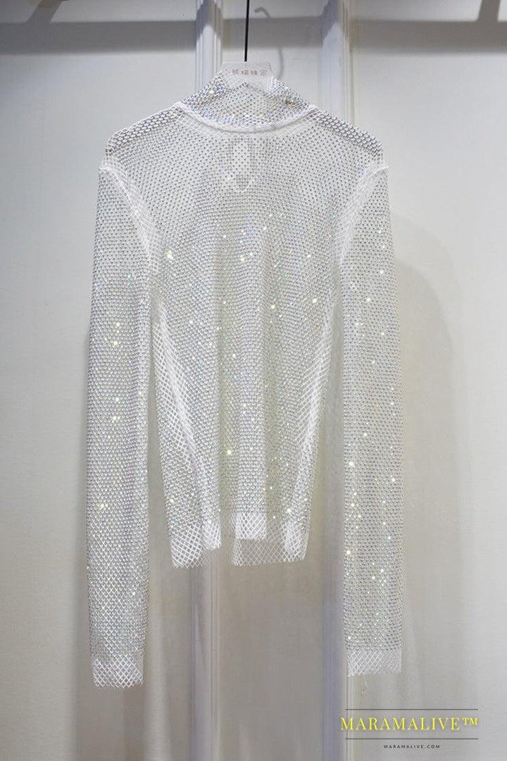 New Crystal Rhinestone Hollow Top Starry Bright Sexy Ladies Long Sleeve See-through Net Diamond Shirt