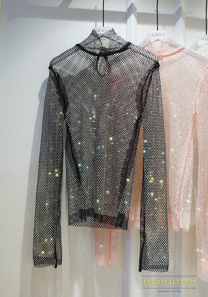 New Crystal Rhinestone Hollow Top Starry Bright Sexy Ladies Long Sleeve See-through Net Diamond Shirt