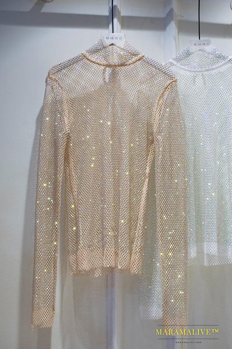 New Crystal Rhinestone Hollow Top Starry Bright Sexy Ladies Long Sleeve See-through Net Diamond Shirt