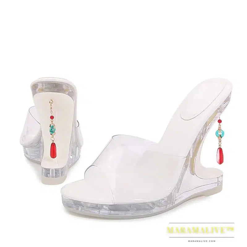 New Design Gem Pendant Strange Clear Heels Platform Wedge Slippers PVC Transparent Sandals Women Summer Party Prom Shoes