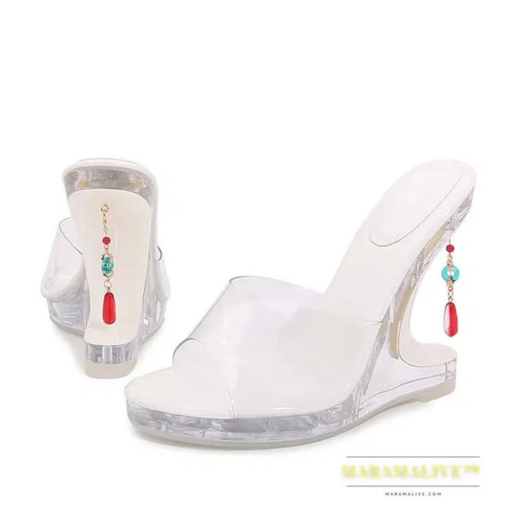 New Design Gem Pendant Strange Clear Heels Platform Wedge Slippers PVC Transparent Sandals Women Summer Party Prom Shoes