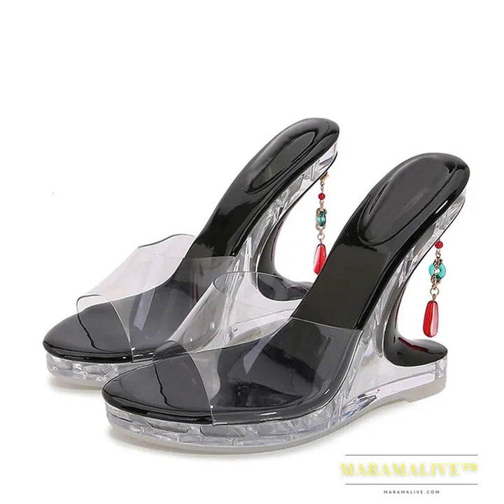 New Design Gem Pendant Strange Clear Heels Platform Wedge Slippers PVC Transparent Sandals Women Summer Party Prom Shoes