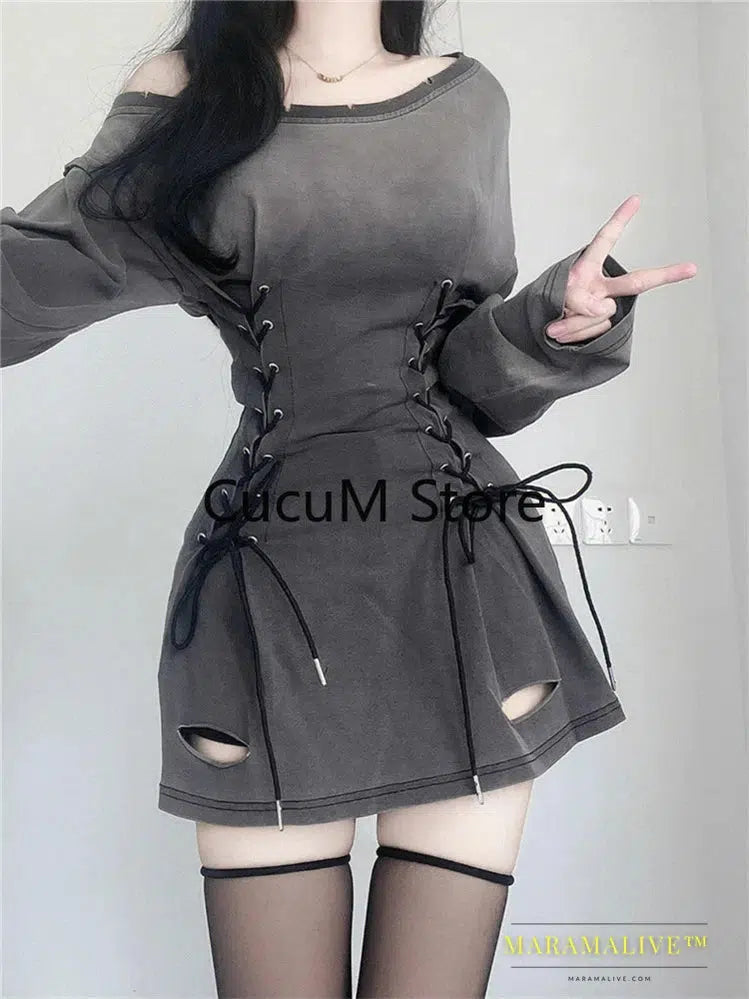 New Fairycore Grunge Goth Corset Dress Women Aesthetic Streetwear Bandage Slim Bodycon Dress Y2k 90s Indie Clothes