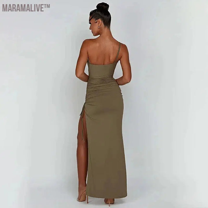 New Fashion Sexy One Shoulder Sling Strap Slim Fit Tight Pleating Side Women's Dress Floor-Length Skirt Party Evening Dresses