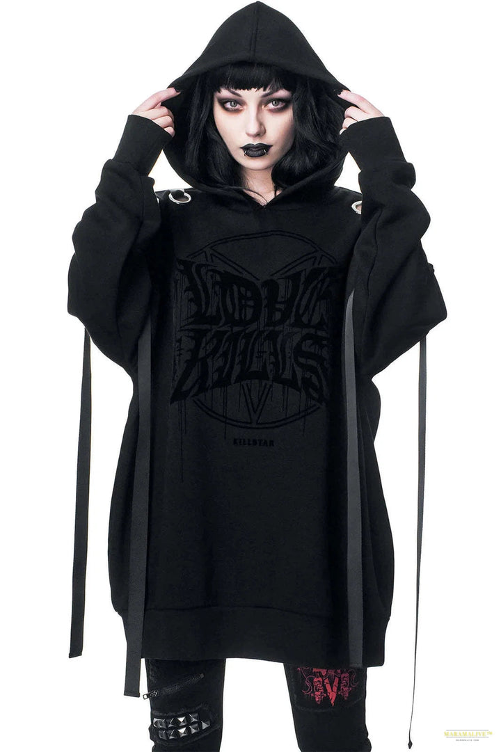 New Fashion Women Goth Hoodie Letter Printing Lace Patchwork Hooded Collar Gothic Style Dark Ladies Hoodie For Autumn