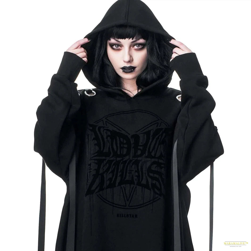 New Fashion Women Goth Hoodie Letter Printing Lace Patchwork Hooded Collar Gothic Style Dark Ladies Hoodie For Autumn