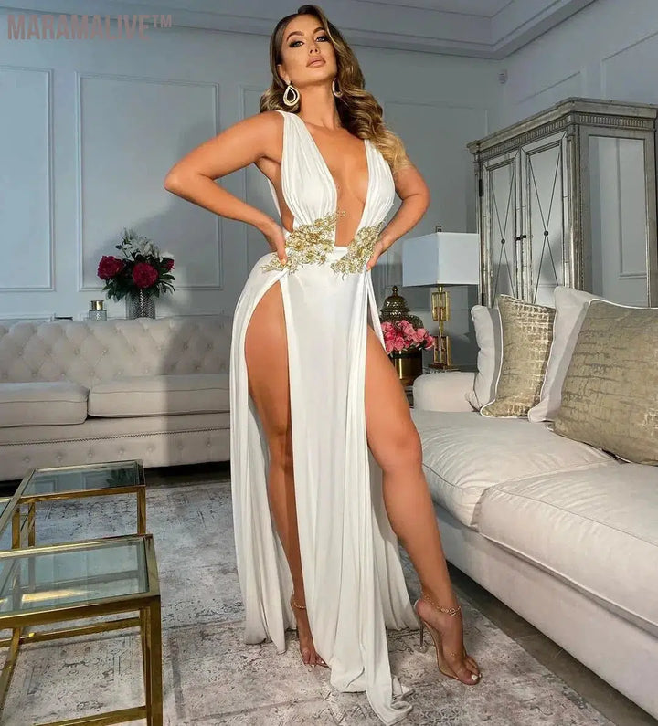 New Fashion Women's Evening Dress 2024 Deep V High Slit Big Swing Comfortable Sexy Summer Ladies Sleeveless Dress