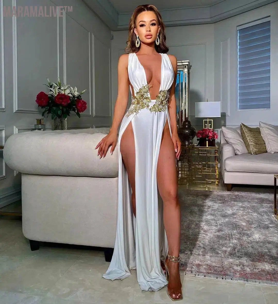 New Fashion Women's Evening Dress 2024 Deep V High Slit Big Swing Comfortable Sexy Summer Ladies Sleeveless Dress