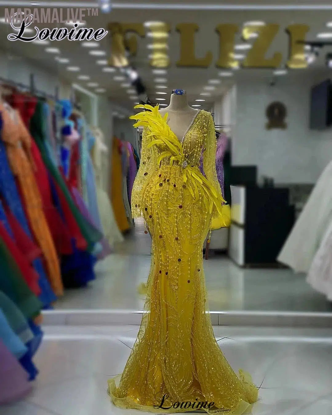 New Fashion Yellow Mermaid Evening Dresses Luxury Long Sleeves Celebrity Dresses Designer Opening Ceremony Dresses Robes De Soirée