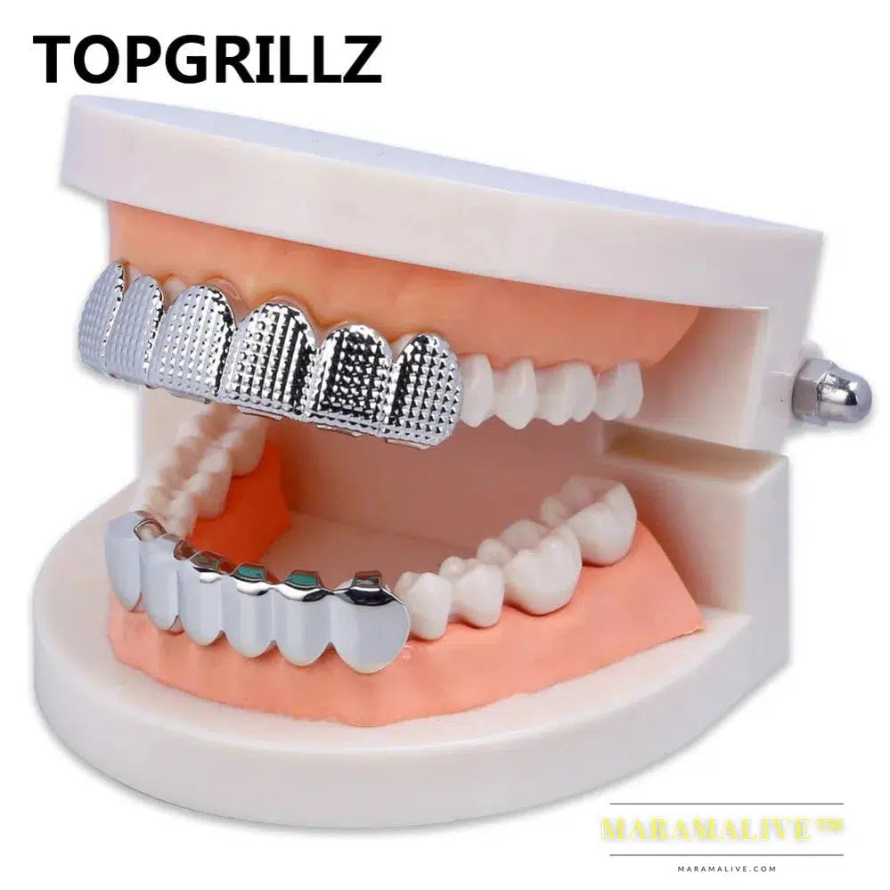 New Fit Gold Silver Color Hip Hop Rock Teeth Grillz Top & Bottom Grill With Silicone Party jewelry