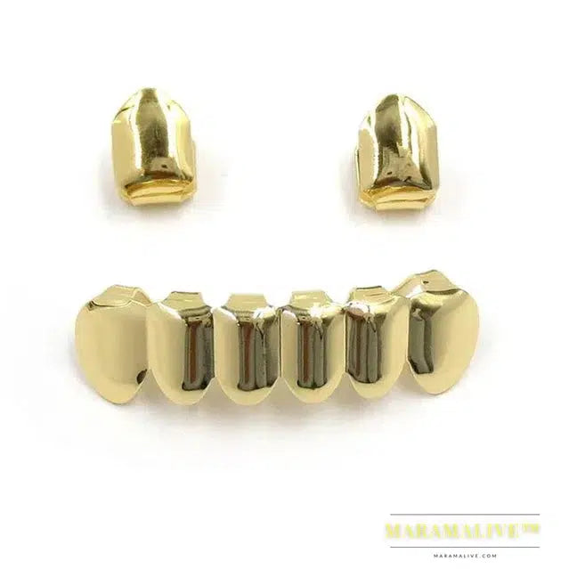 New Fit Hip Hop Rose Gold Color Plated Mouth Grillz Set 2 pcs Single Top & 6 teeth Bottom Set Black Gun Grills