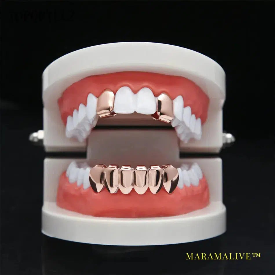 New Fit Hip Hop Rose Gold Color Plated Mouth Grillz Set 2 pcs Single Top & 6 teeth Bottom Set Black Gun Grills